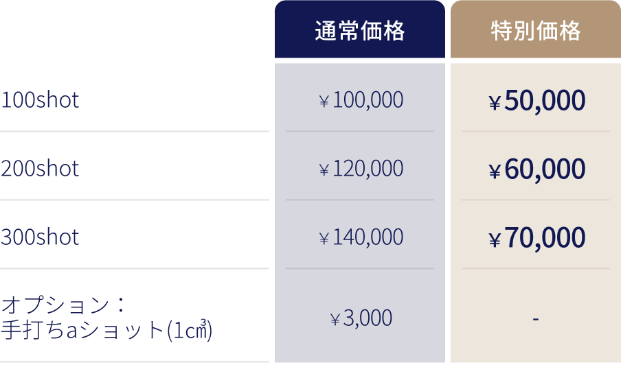 100shot 通常価格¥100,000 特別価格¥50,000 200shot 通常価格¥120,000 特別価格¥60,000 300shot 通常価格¥140,000 特別価格¥70,000 オプション:手打ちaショット(1c㎥) 通常価格¥3,000