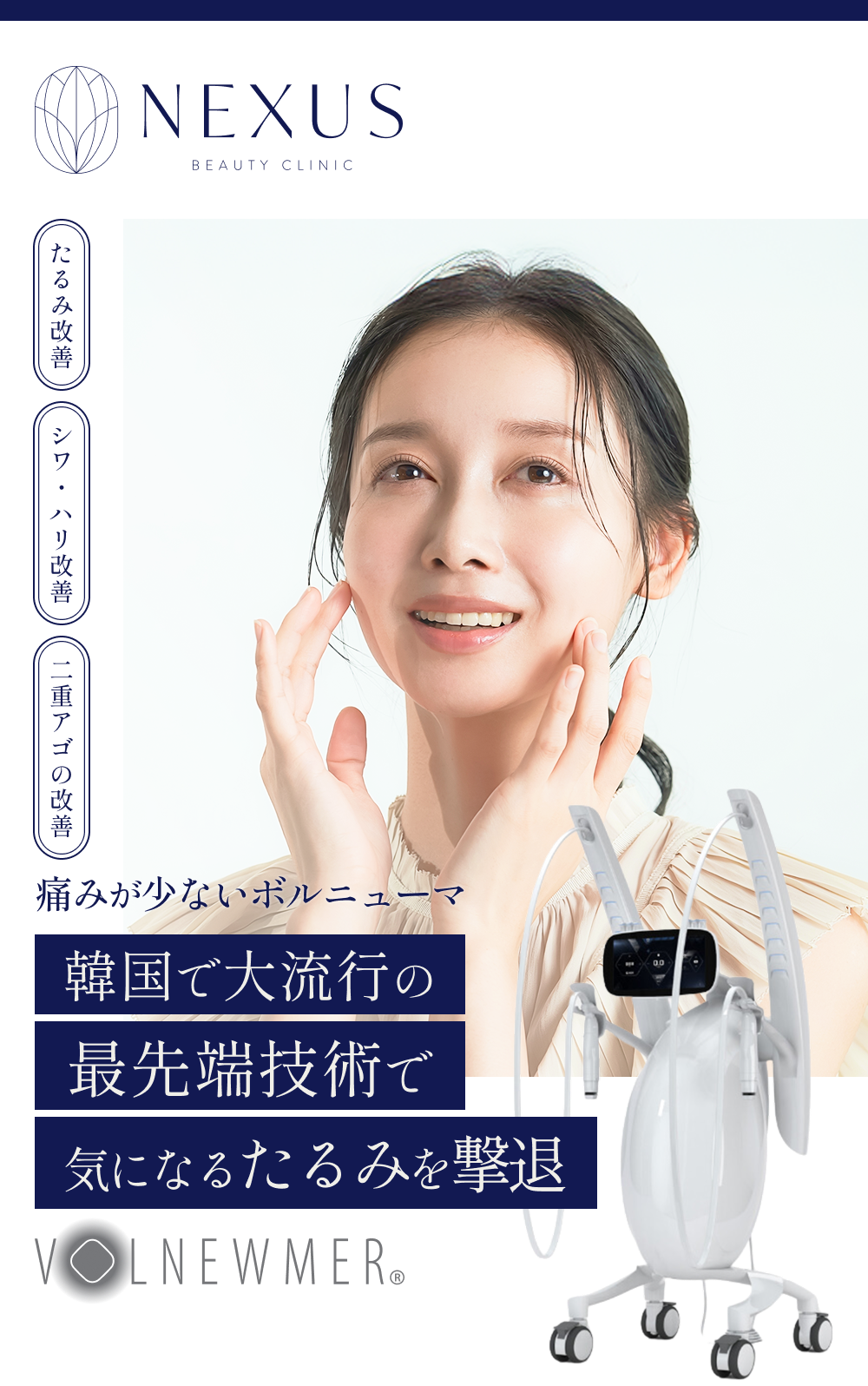 NEXUS BEAUTY CLINIC たるみ改善、シワ・ハリ改善、二重アゴの改善、痛みが少ないボルニューマ、韓国で大流行の最先端技術で気になるたるみを撃退、ボルニューマ